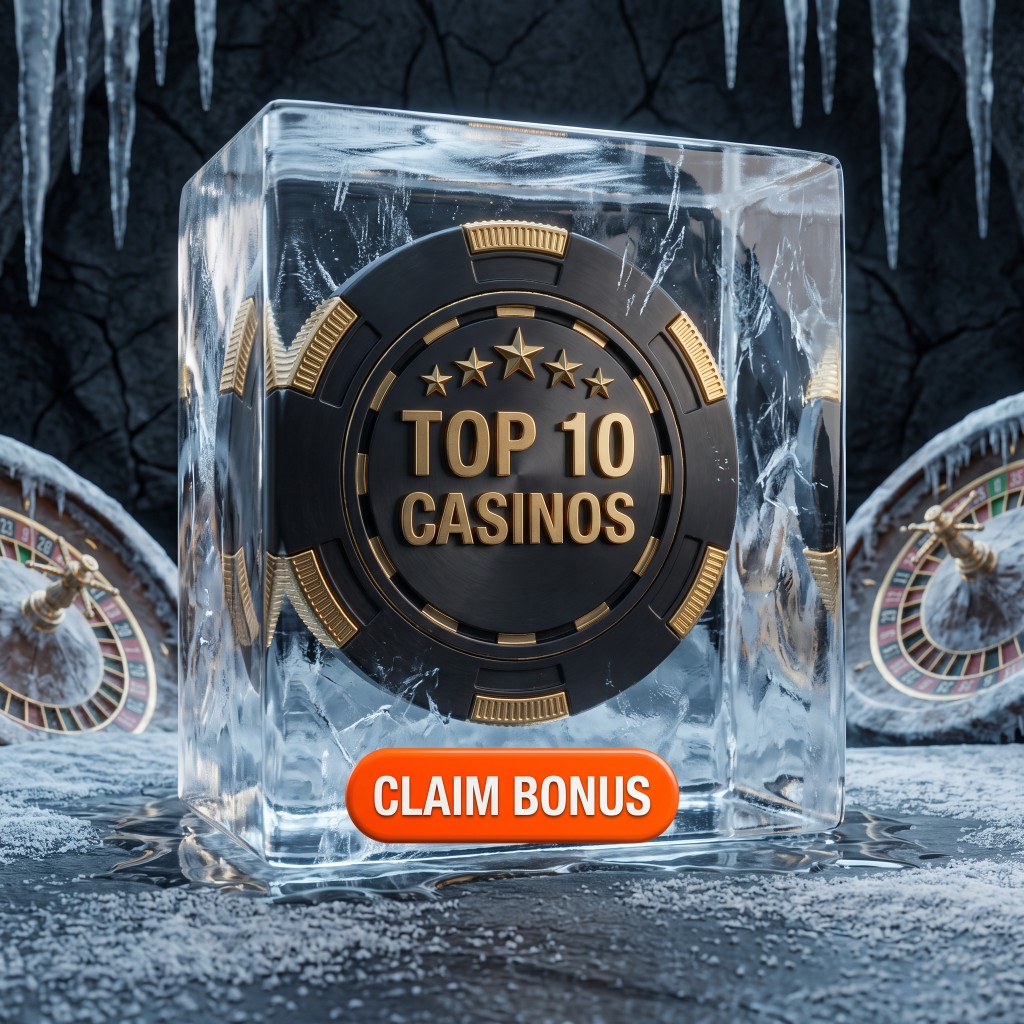 Casino chip frozen in ice, labelled Top 10 casinos